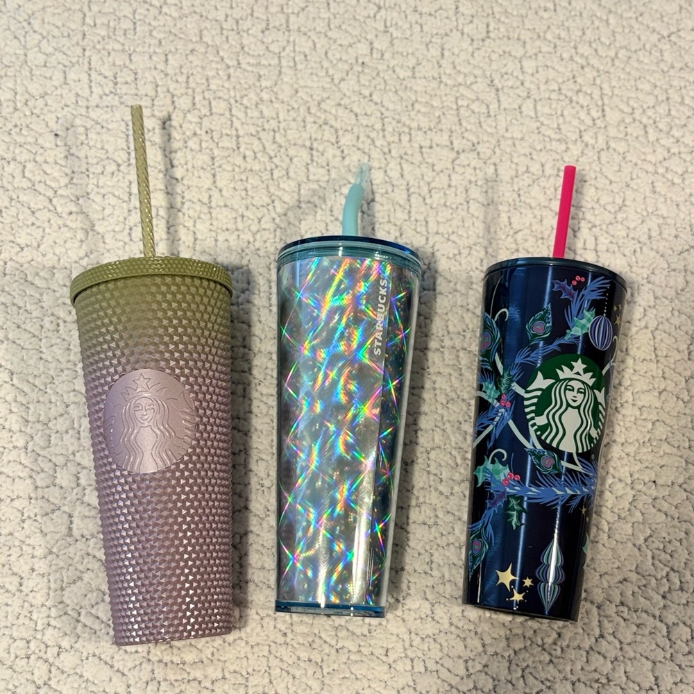 Starbucks Trio: Olive, Silver, and Navy Tumblers